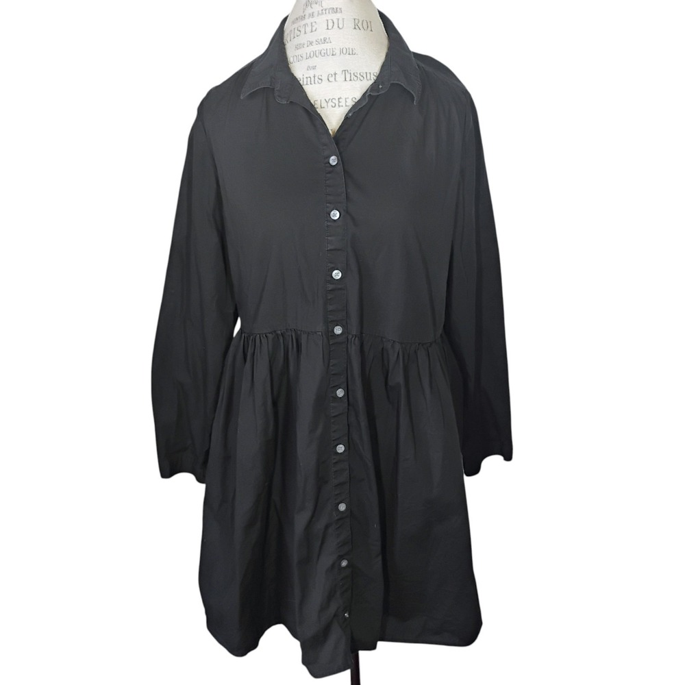 J Crew Shirt Dress Womens 14 Black Preppy Classic Fit Flare Cotton Long Sleeve